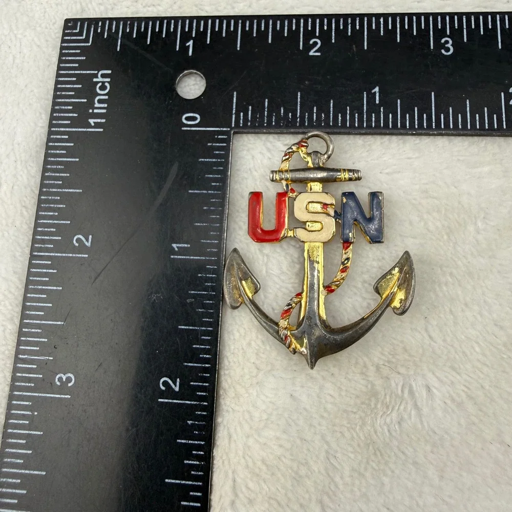 Vintage Sterling Silver USN Anchor Pin Brooch Red White Blue Enamel READ